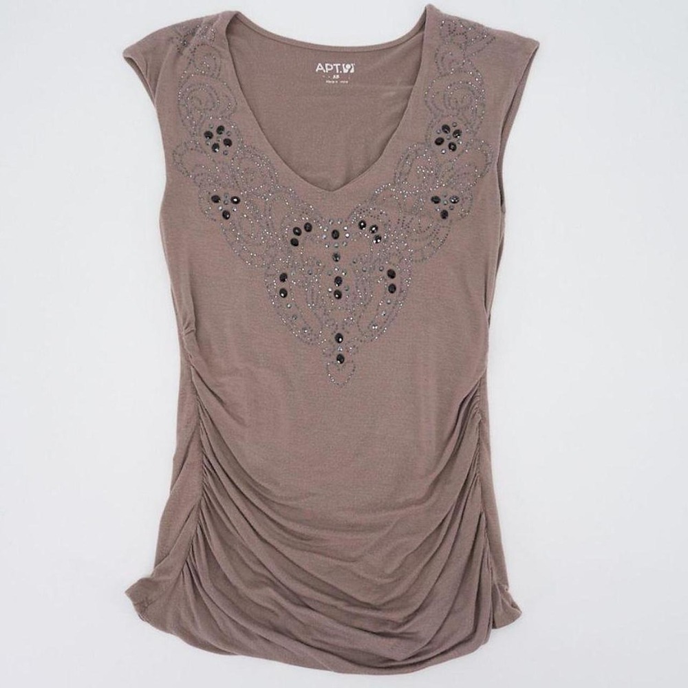 Apt. 9 top in a soft taupe brown stretch knit with an ornate rhinestone
